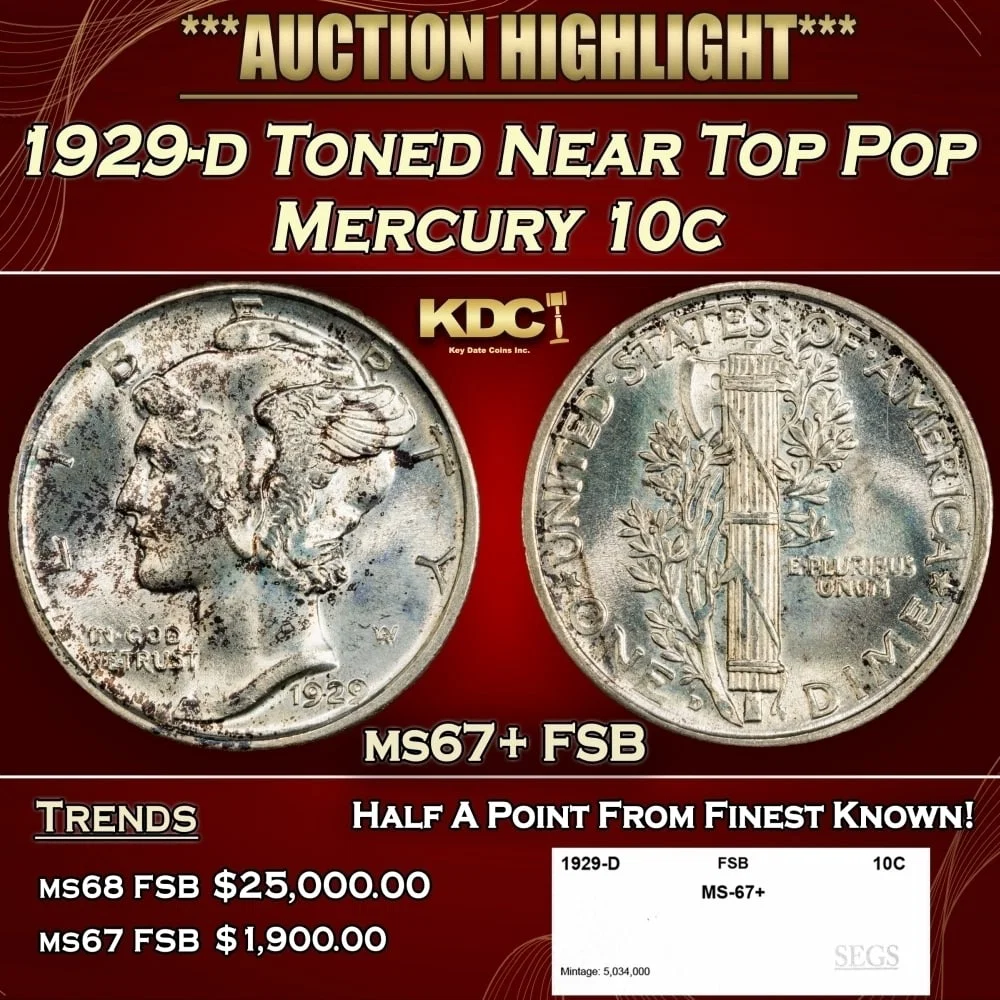 1929-d Mercury Dime Toned Near Top Pop 10c ms67+ FSB SEGS