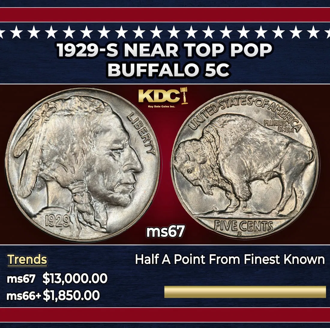 1929-s Buffalo Nickel Near Top Pop 5c ms67 SEGS
