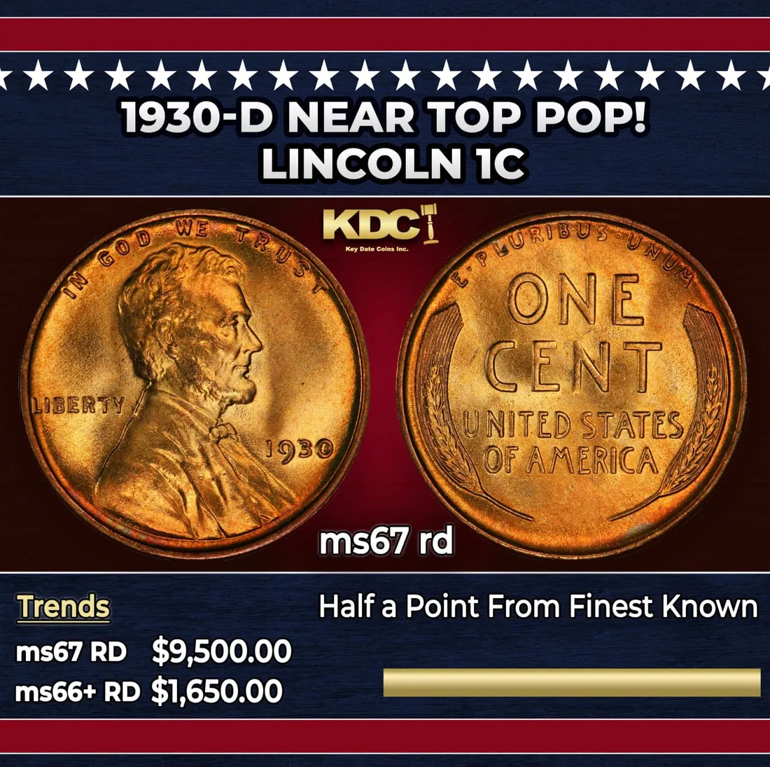 1930-d Lincoln Cent Near Top Pop! 1c ms67 rd SEGS