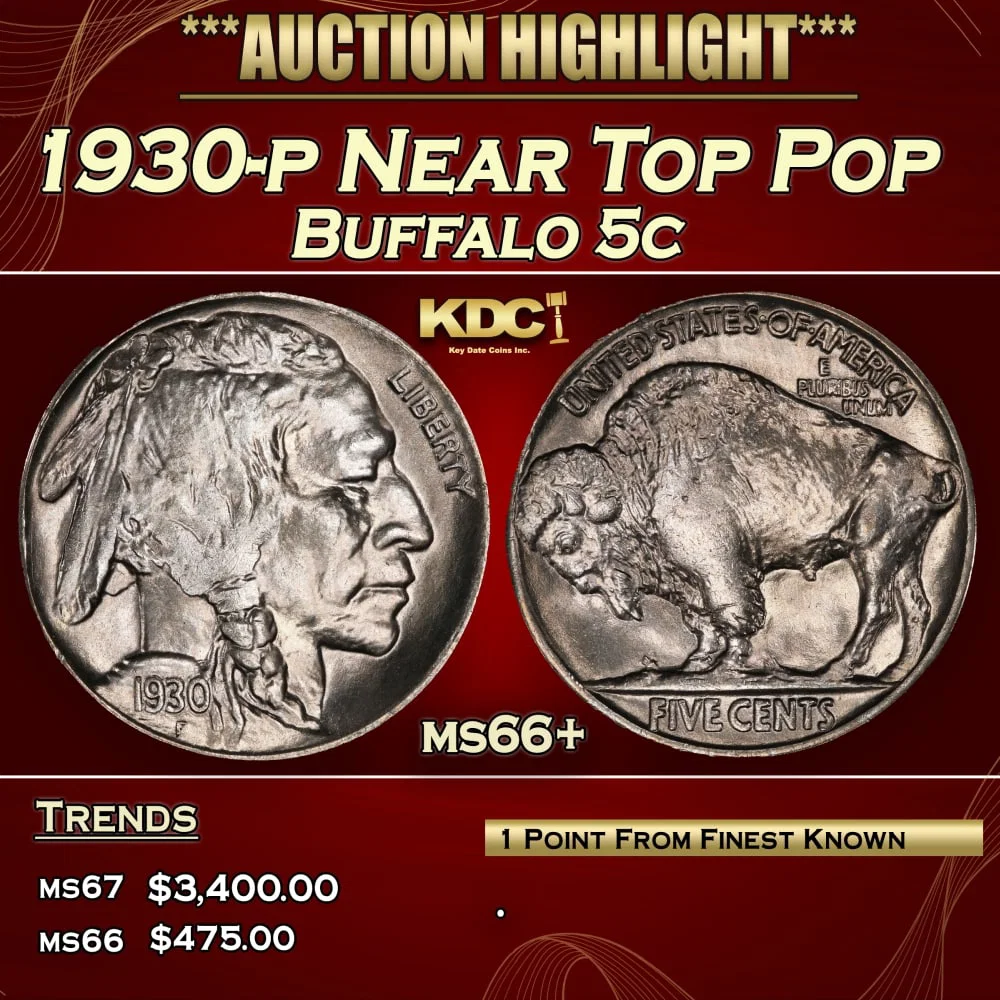 1930-p Buffalo Nickel Near Top Pop 5c ms66+ SEGS