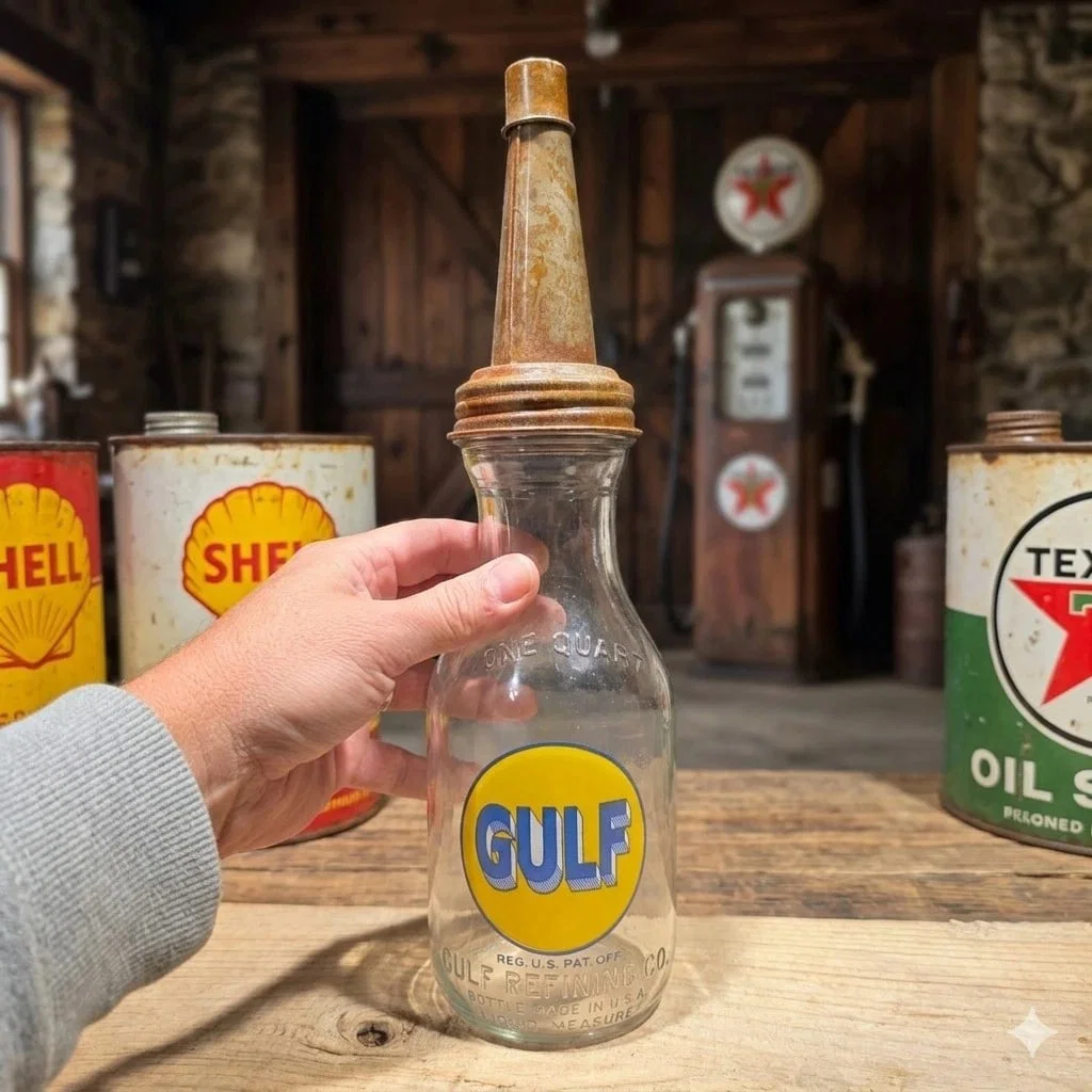 1930s Style Glass Gulf Oil Bottle w Spout