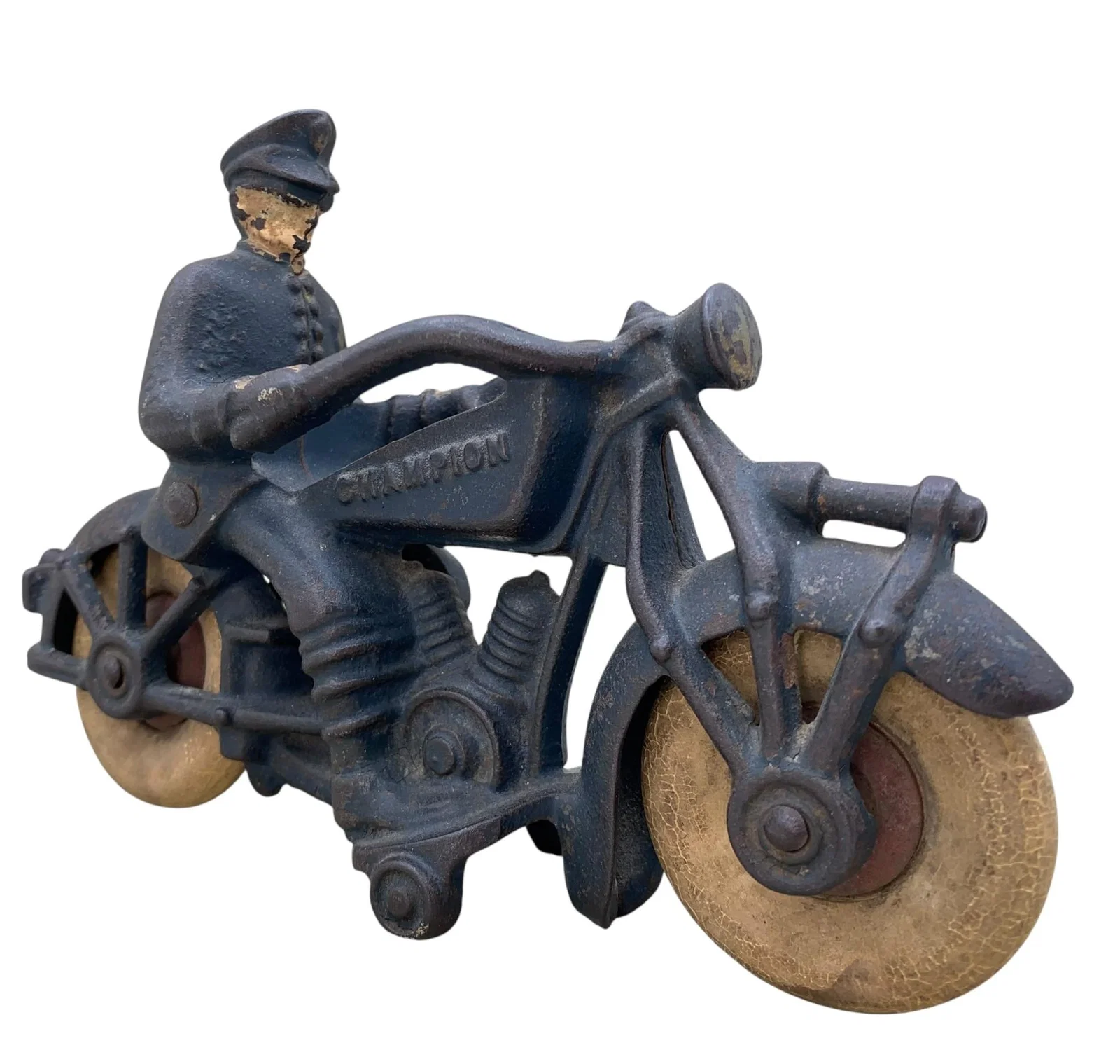 1930s Vintage Hubley CHAMPION Cast Iron Policeman on Motorcycle Toy
