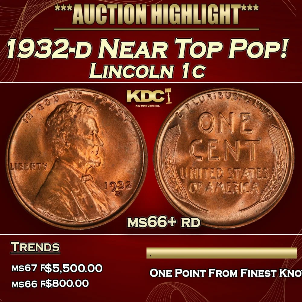 1932-d Lincoln Cent Near Top Pop! 1c ms66+ rd SEGS