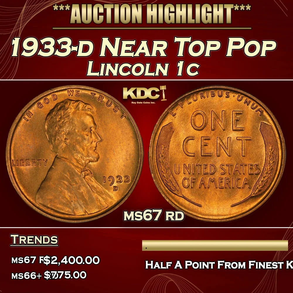 1933-d Lincoln Cent Near Top Pop 1c ms67 rd SEGS