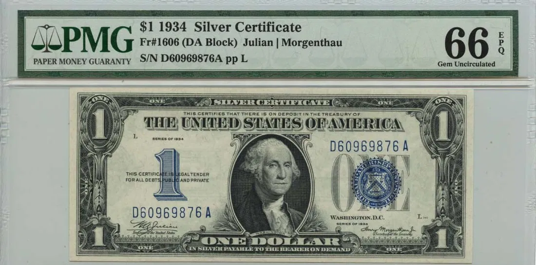 1934 $1 Silver Certificate Blue Seal Fr# 1606 PMG Gem66 EPQ