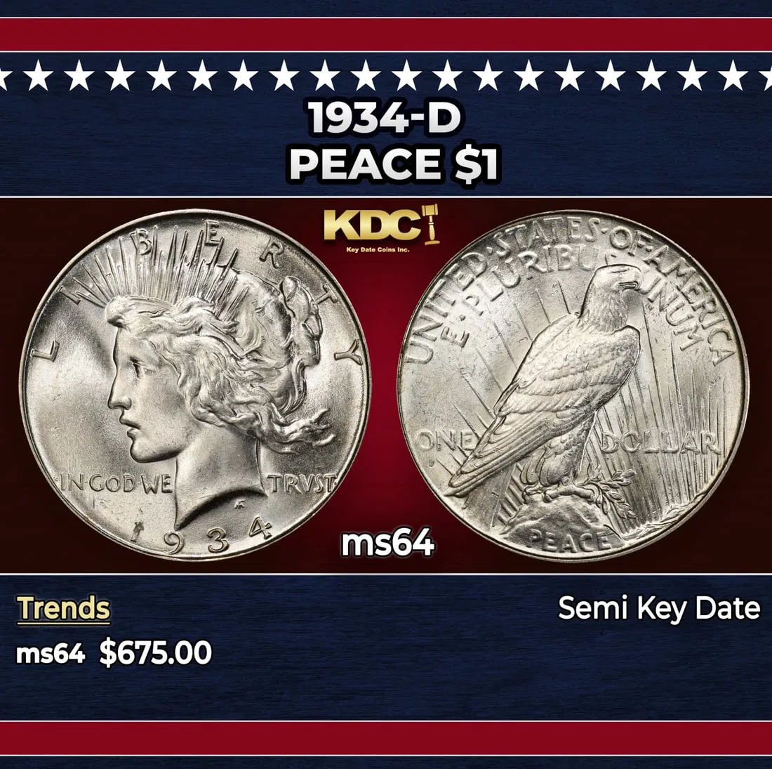 1934-d Peace Dollar $1 Grades ms64