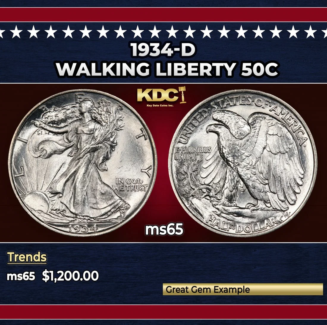 1934-d Walking Liberty Half Dollar 50c ms65 SEGS