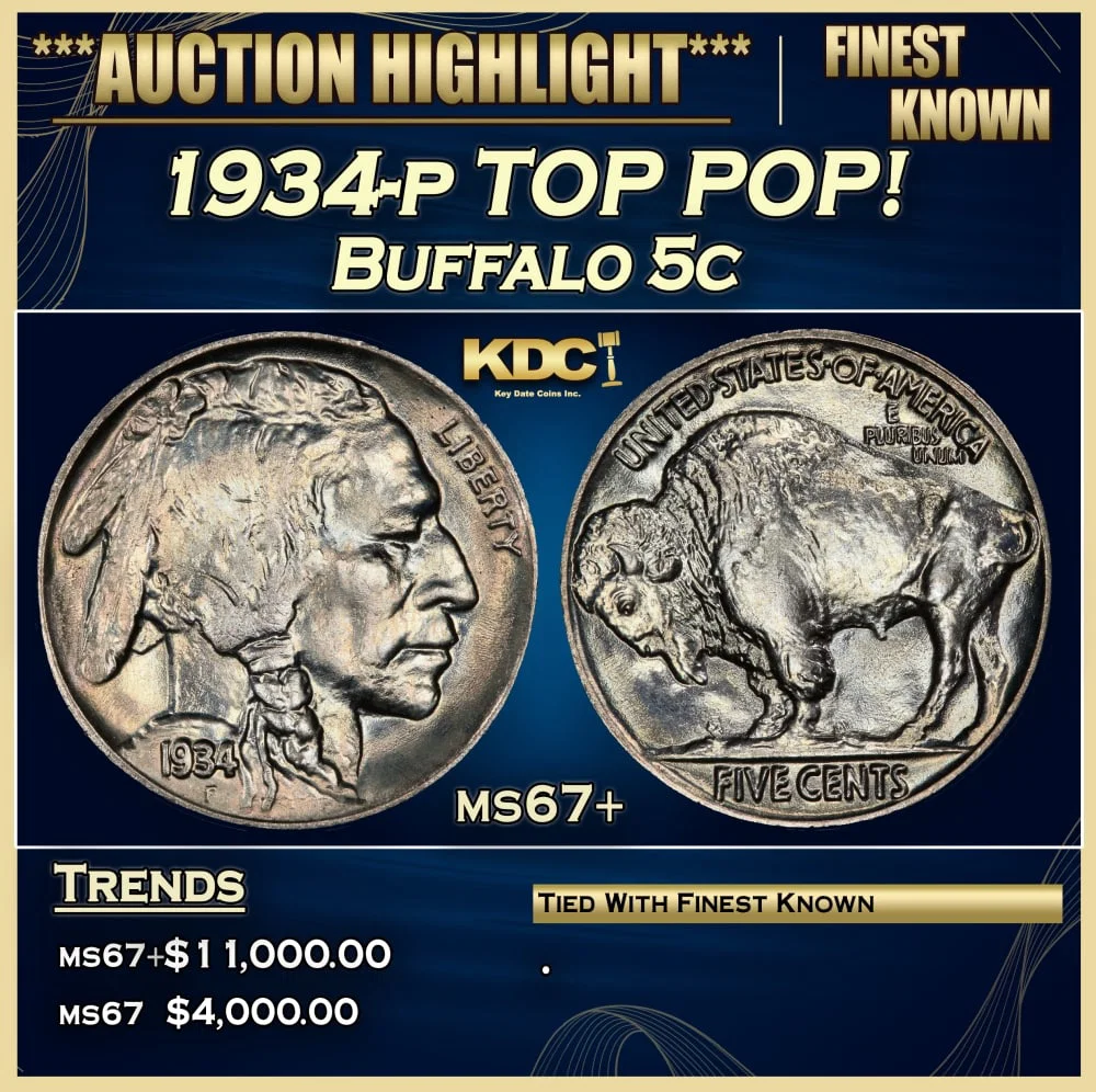 1934-p Buffalo Nickel TOP POP! 5c ms67+ SEGS