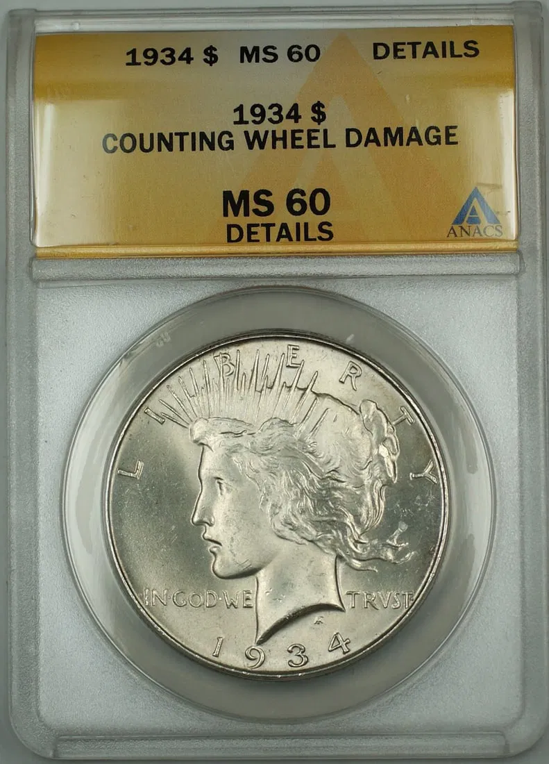1934 Peace Dollar Silver Coin ANACS MS-60 Details Counting Wheel Damage