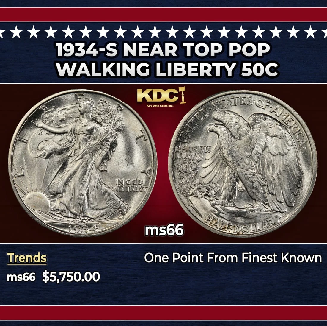 1934-s Walking Liberty Half Dollar Near Top Pop 50c ms66 SEGS