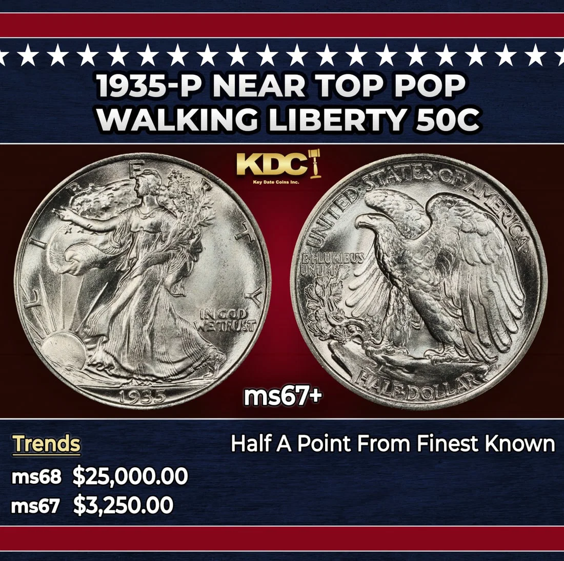1935-p Walking Liberty Half Dollar Near Top Pop 50c ms67+ SEGS
