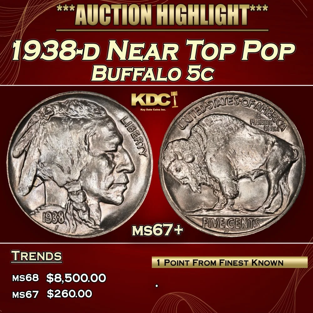 1938-d Buffalo Nickel Near Top Pop 5c ms67+ SEGS