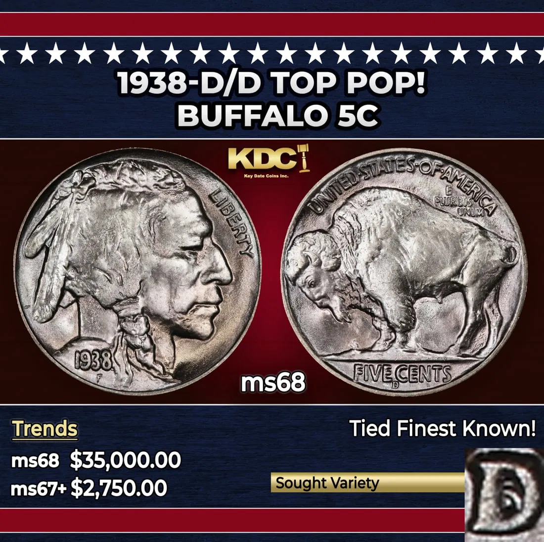 1938-d/d Buffalo Nickel TOP POP! 5c ms68 SEGS