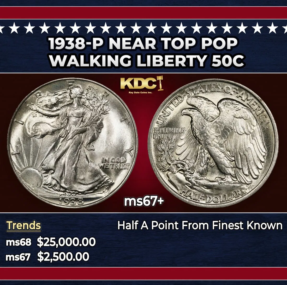 1938-p Walking Liberty Half Dollar Near Top Pop 50c ms67+ SEGS