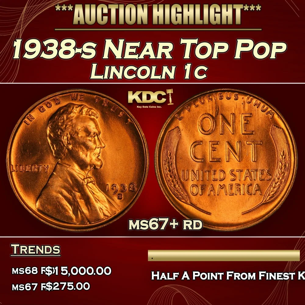 1938-s Lincoln Cent Near Top Pop 1c ms67+ rd SEGS