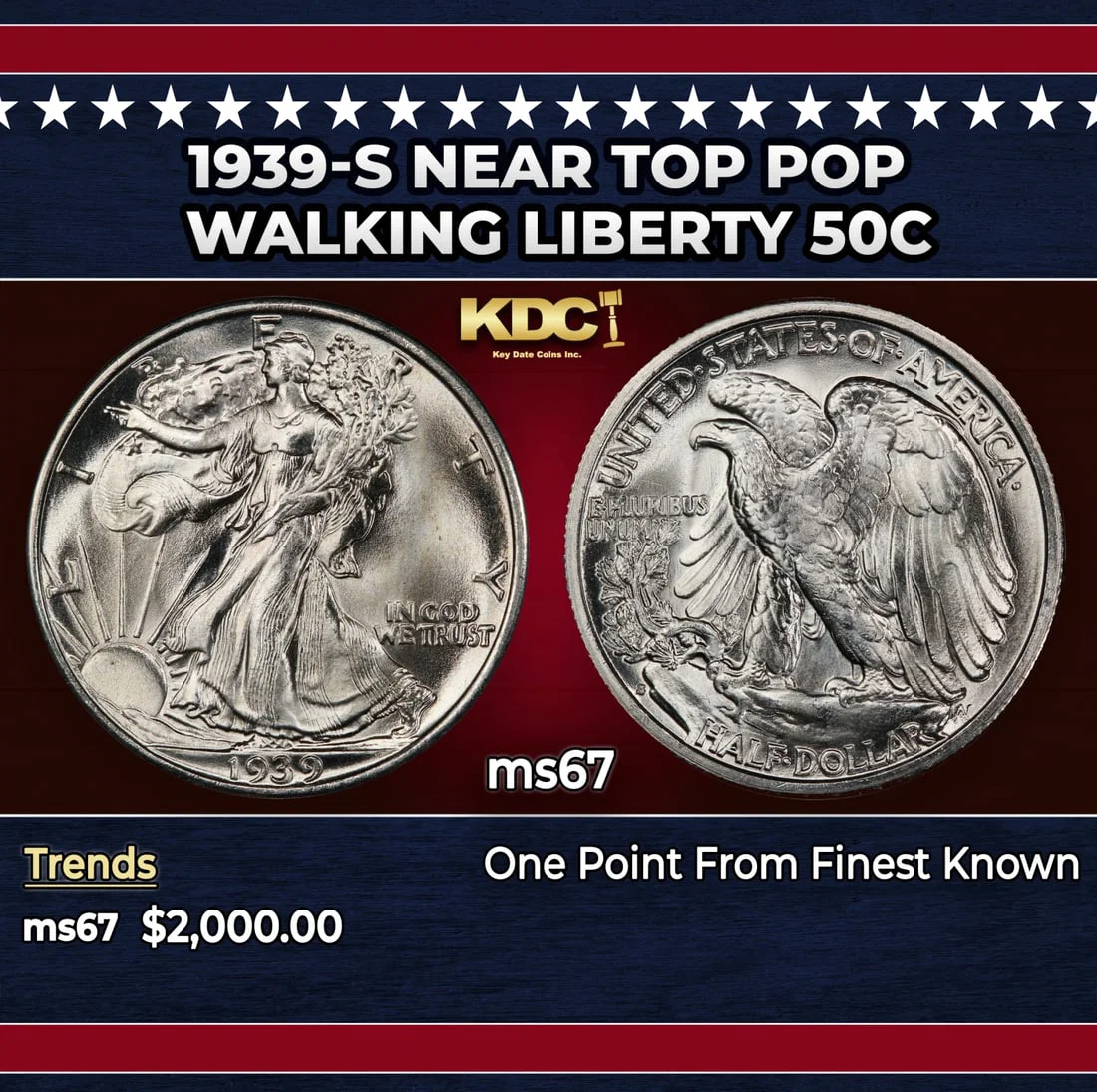 1939-s Walking Liberty Half Dollar Near Top Pop 50c ms67 SEGS