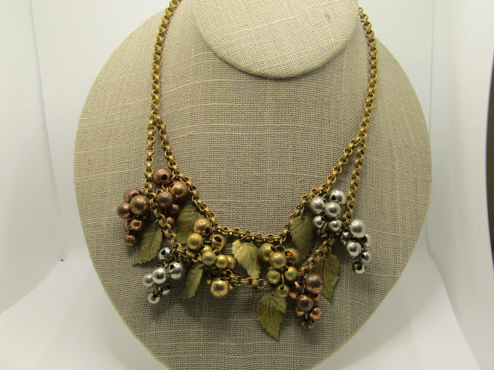 1940's Leaf & Cluster Beaded Drop Necklace, 15.75", Unsigned Miriam Haskell, Brass, Tri-Color