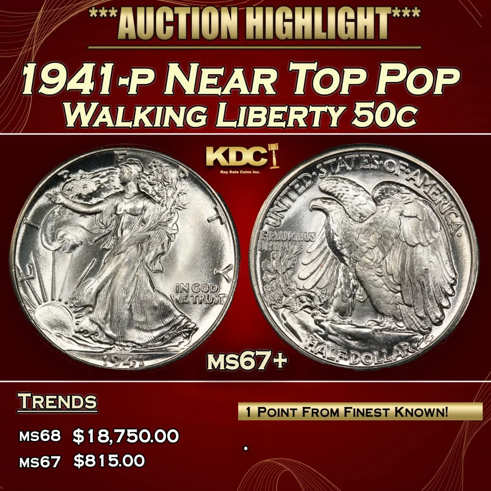 1941-p Walking Liberty Half Dollar Near Top Pop 50c ms67+ SEGS