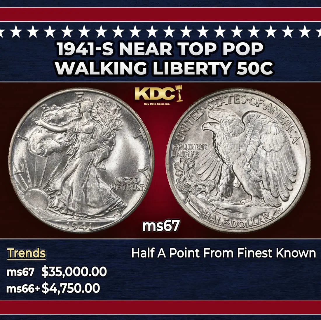 1941-s Walking Liberty Half Dollar Near Top Pop 50c ms67 SEGS