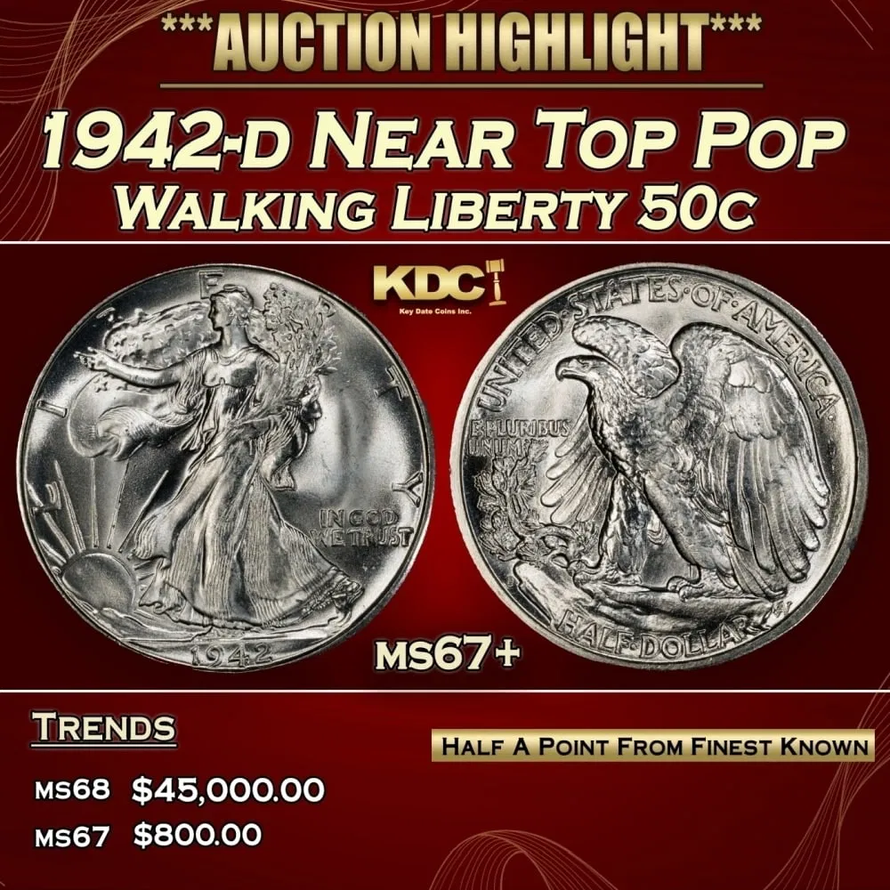 1942-d Walking Liberty Half Dollar Near Top Pop 50c ms67+ SEGS