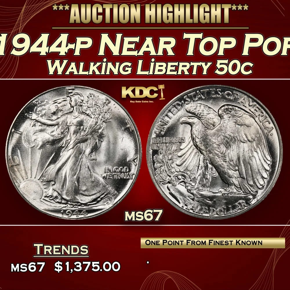 1944-p Walking Liberty Half Dollar Near Top Pop 50c ms67 SEGS