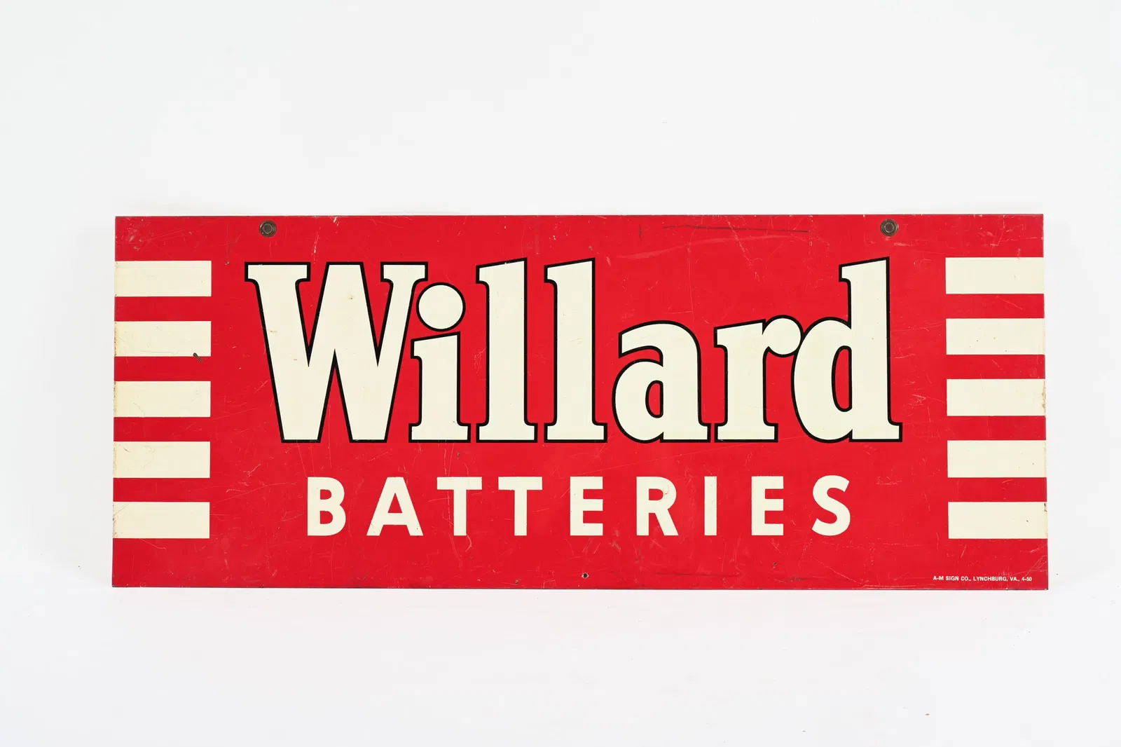 1950 WILLARD BATTERIES D/S PAINTED METAL RACK SIGN