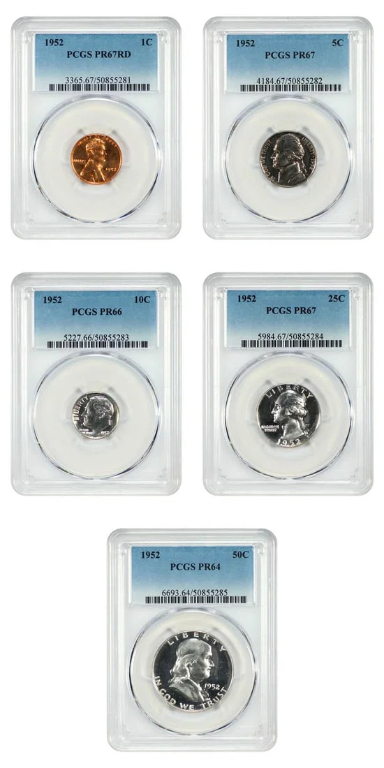 1952 PCGS Certified Proof Set 1C to 50C Graded PR64-67 Five Coin Collection