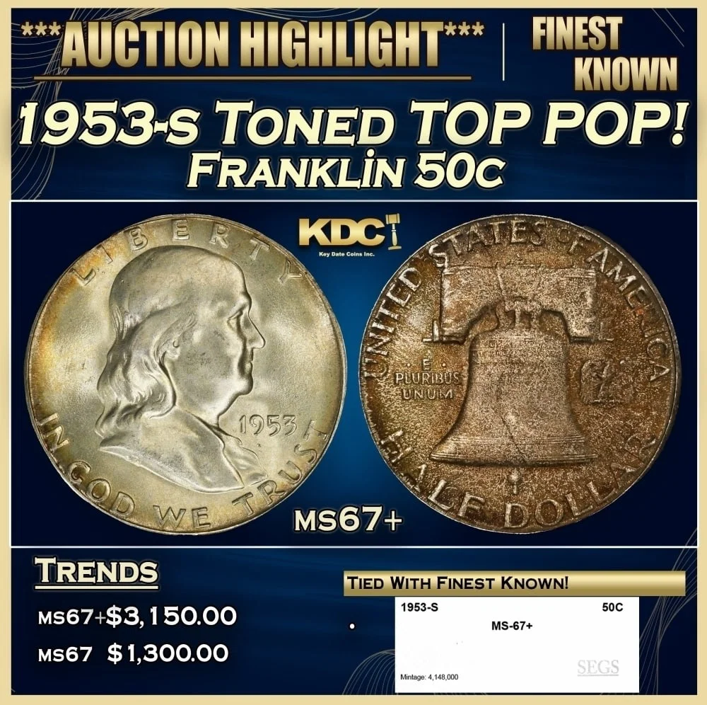 1953-s Franklin Half Dollar Toned TOP POP! 50c ms67+ SEGS