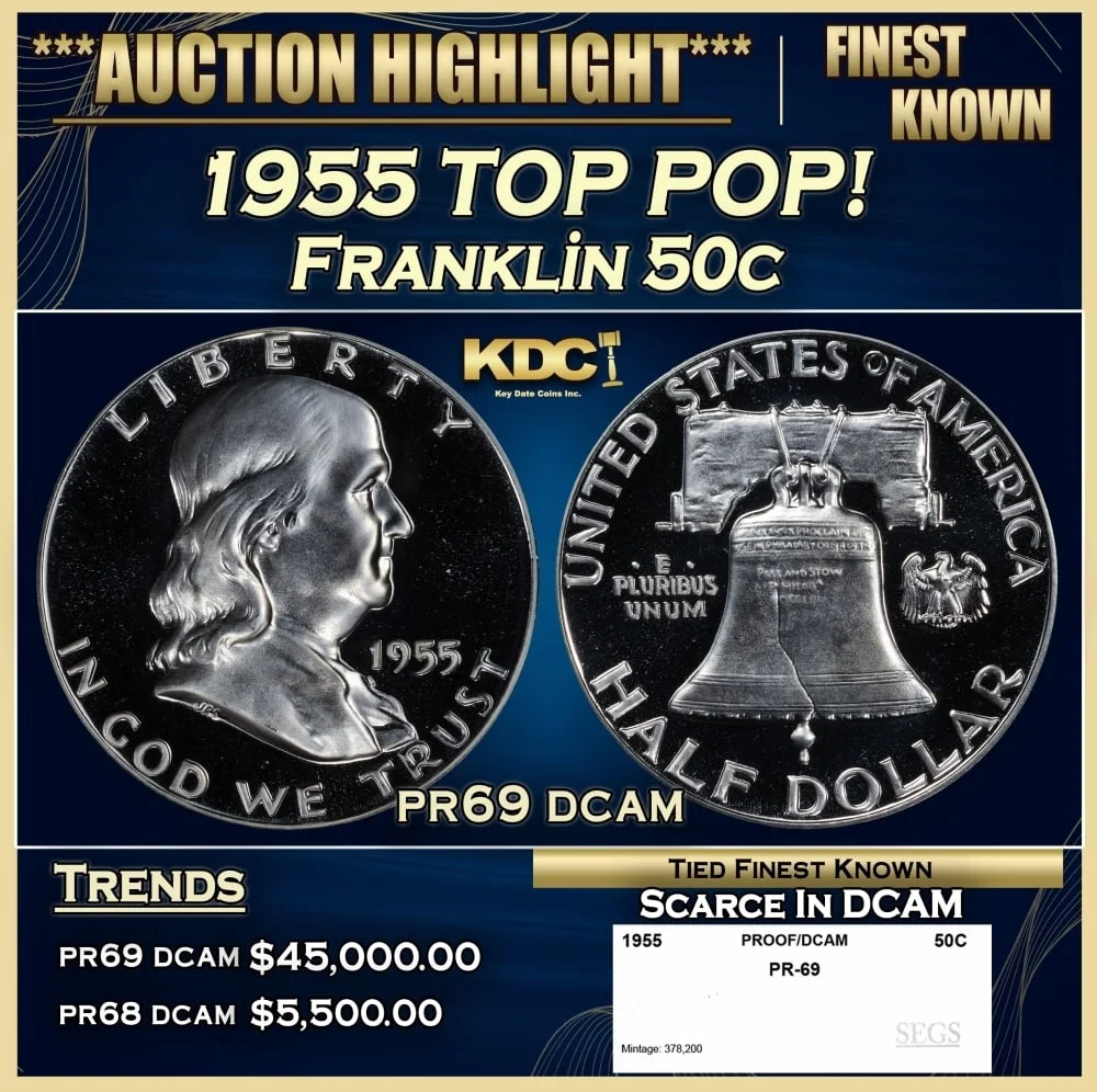 1955 Proof Franklin Half Dollar TOP POP! 50c pr69 dcam SEGS