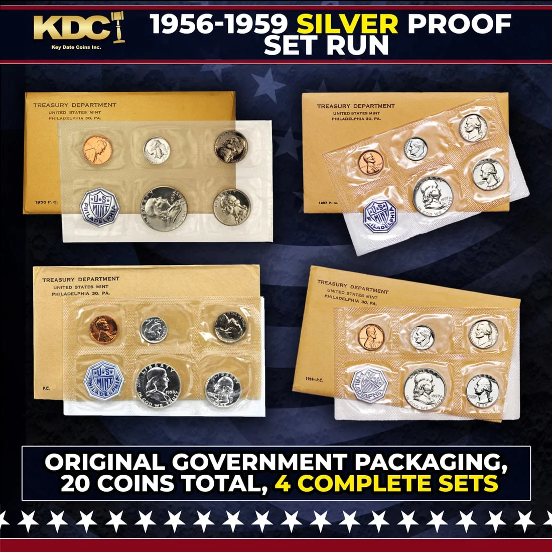 1956-1959 Silver Proof Set Run in Original Government Packaging, 20 Coins Total, 4 Complete Sets