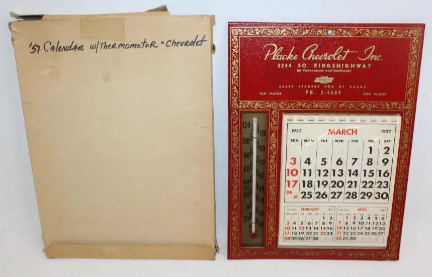 1957 NOS Chevrolet Dealership Advertising Thermometer and Calendar in Original Box