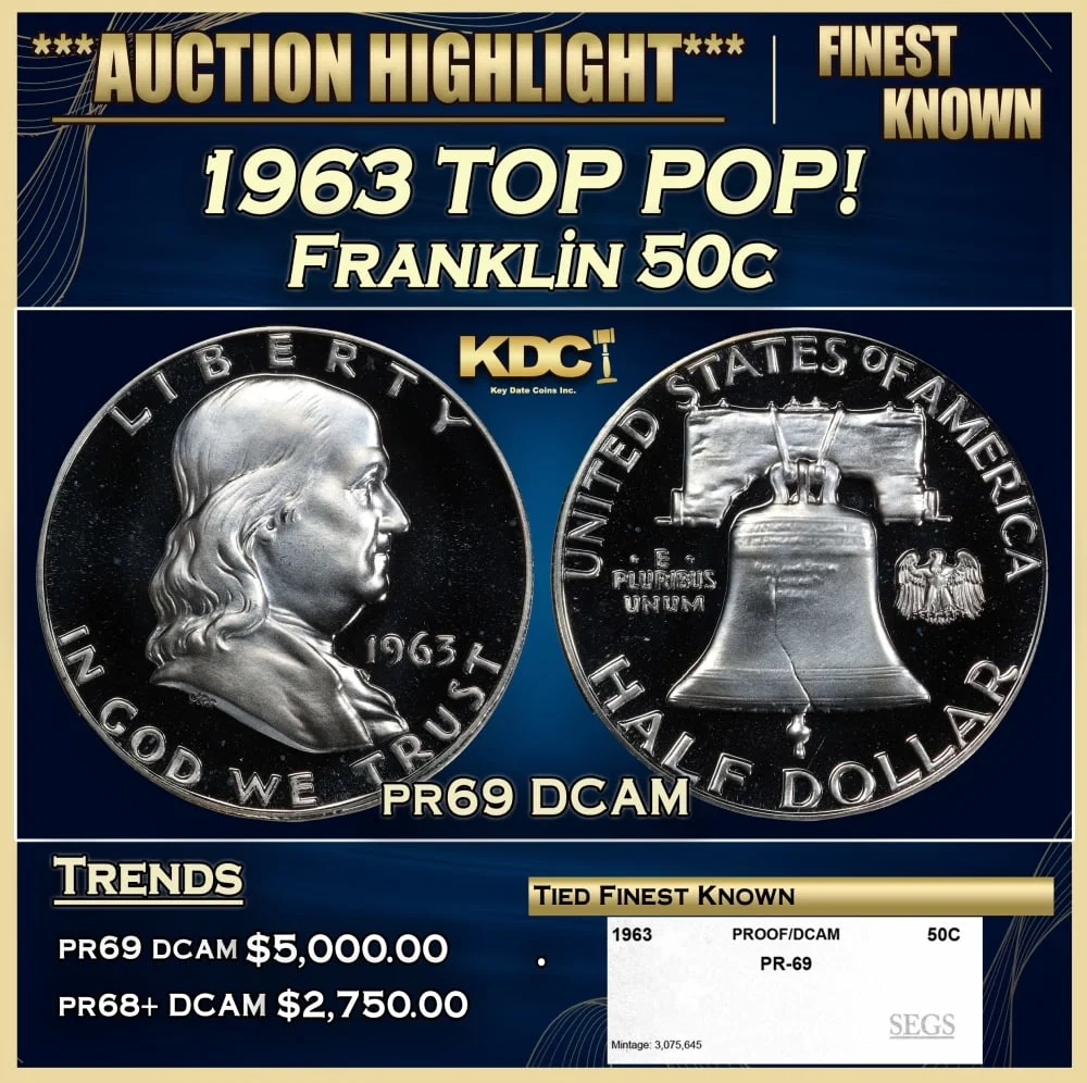 1963 Proof Franklin Half Dollar TOP POP! 50c pr69 DCAM SEGS