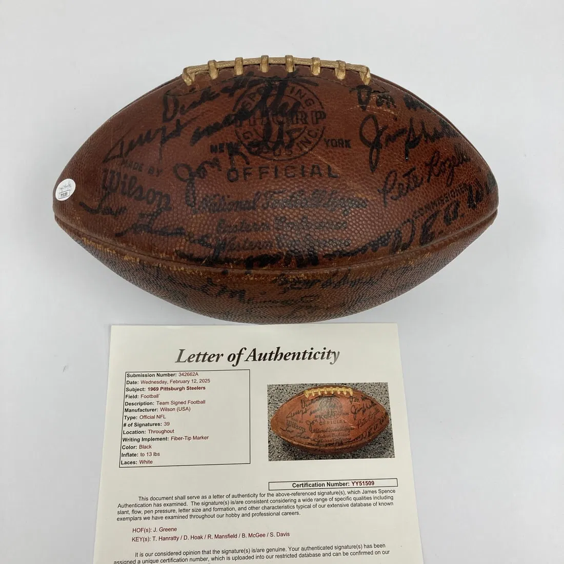 1969 Pittsburgh Steelers Team Signed NFL Football JSA COA Joe Greene