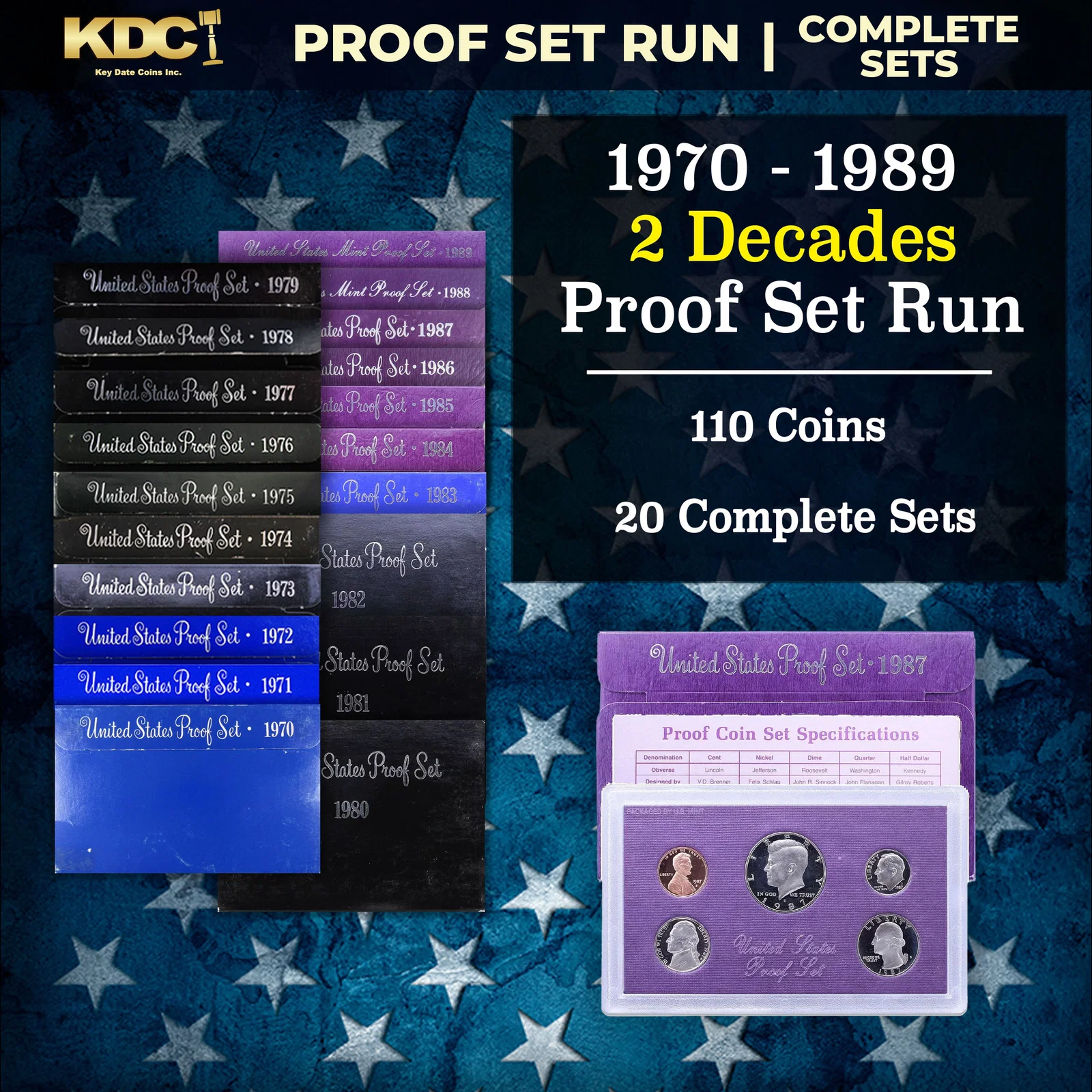 1970-1989 2 Decades Proof Set Run - 110 Coins, 20 Complete Sets