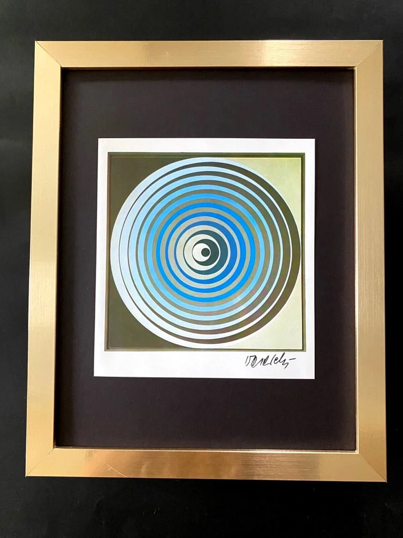 1970's Victor Vasarely Signed Print Geometric Op Art Framed Artwork 14x11in.