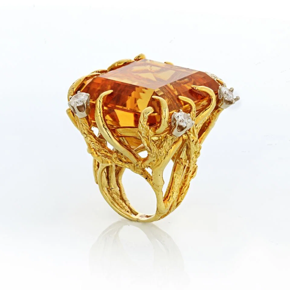 1970s 18K Yellow Gold Ring with 1.17ct Citrine and 2ct Diamonds