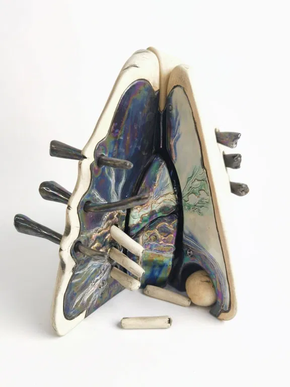 1982 Signed Iridescent Ceramic Puzzle Heart Sculpt