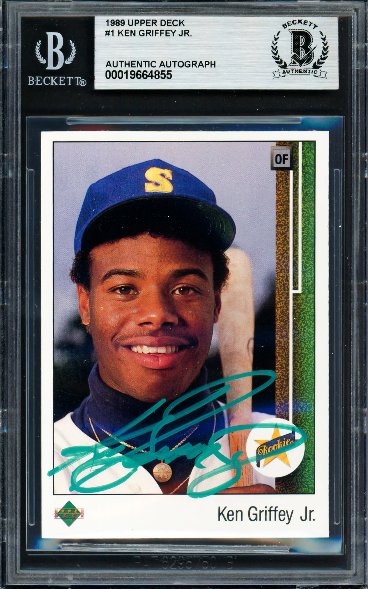 1989 UPPER DECK KEN GRIFFEY JR SIGNED TRADING CARD - BECKETT ENCASED