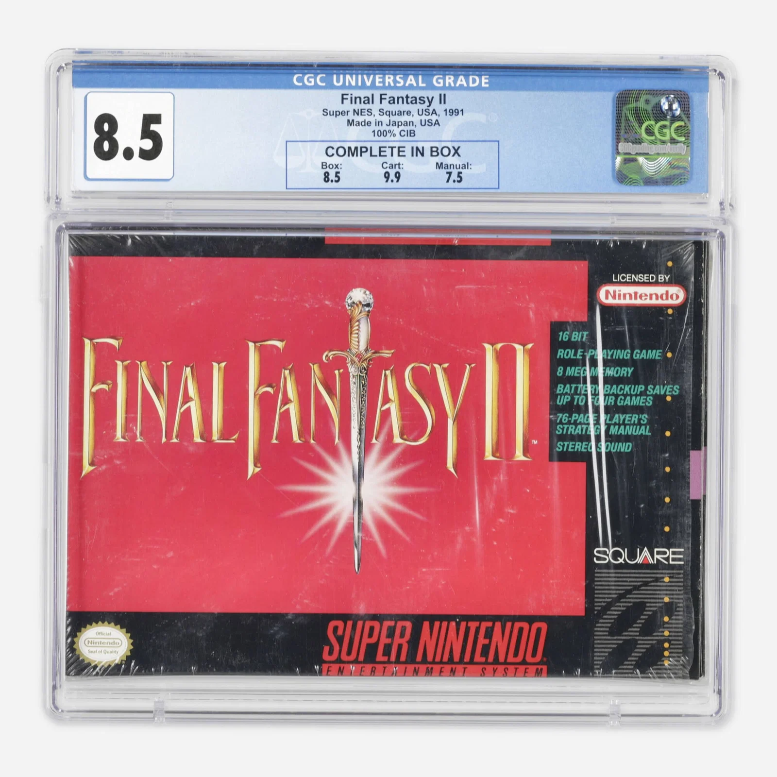 1991 Nintendo SNES Final Fantasy II CGC 8.5 Complete in Box
