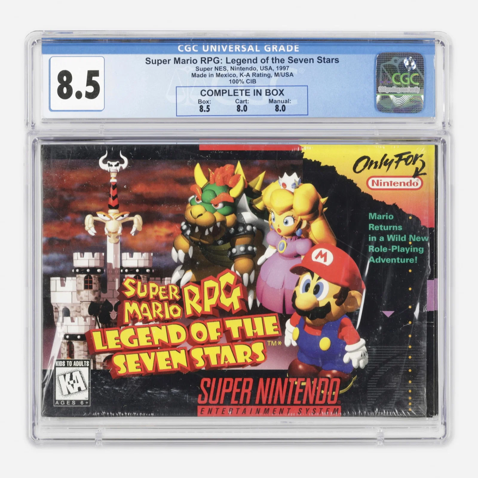 1997 Nintendo SNES Super Mario RPG: Legend of the Seven Stars CGC 8.5 Complete in Box