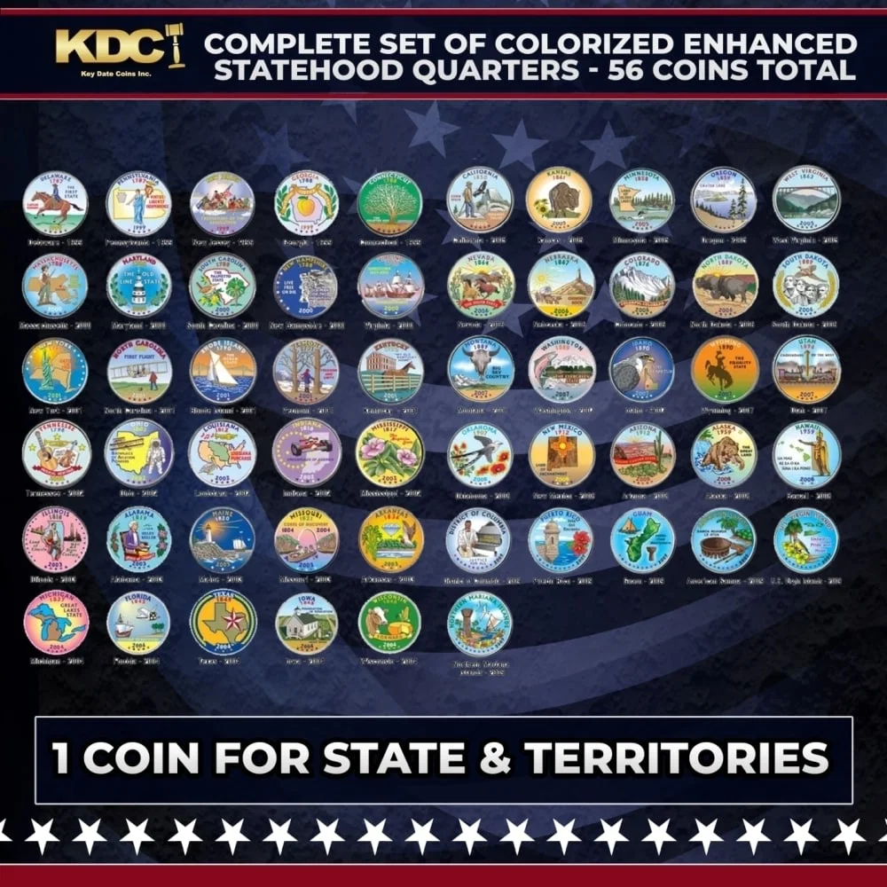 1999-2009 Complete Set of Colorized Enhanced Statehood Quarters - 56 Coins Total Other Toy