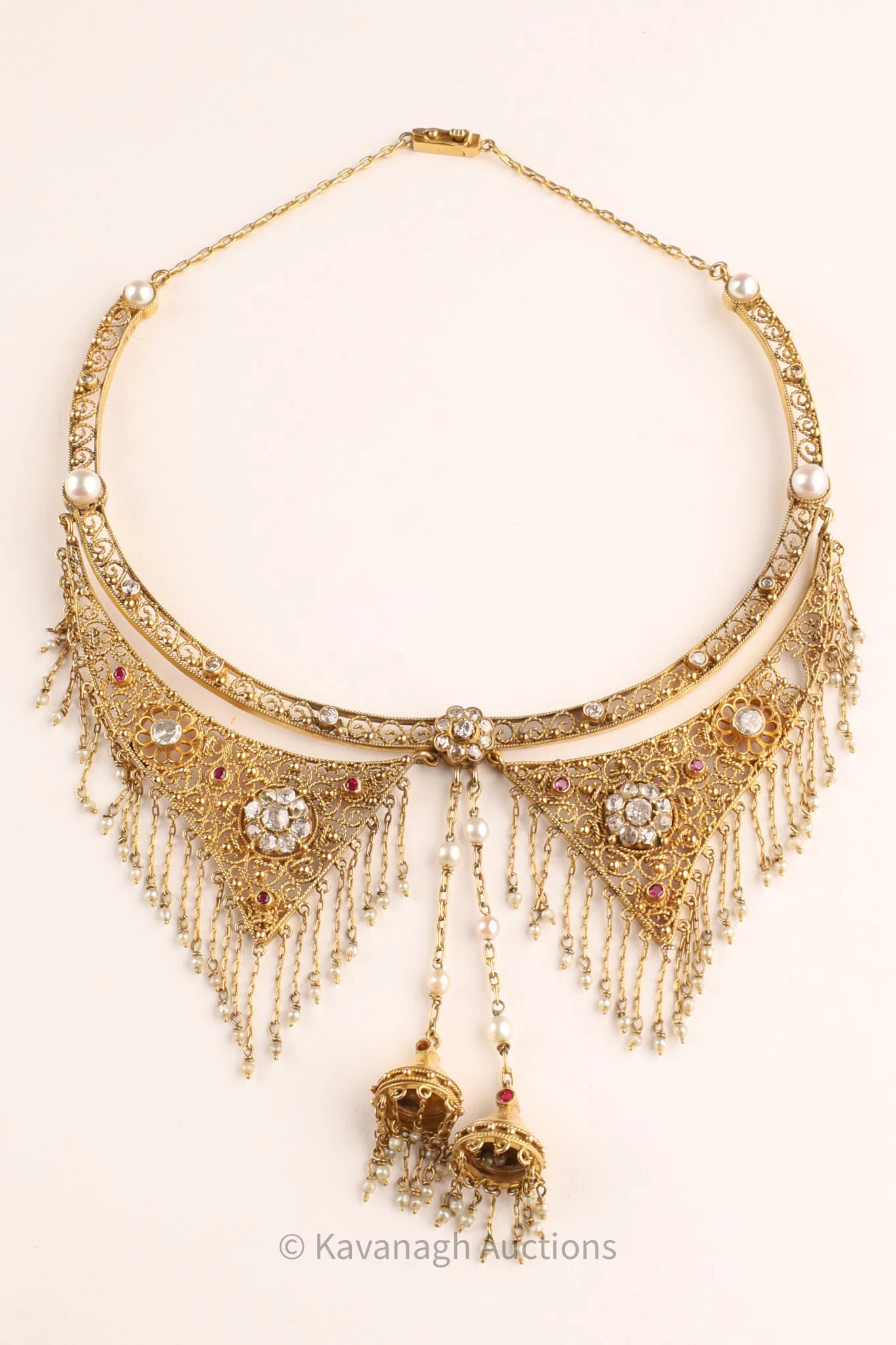 19th C Antique 14K Gold Diamond and Pearl Fringe Choker Necklace, Possibly Luigi Pallotti