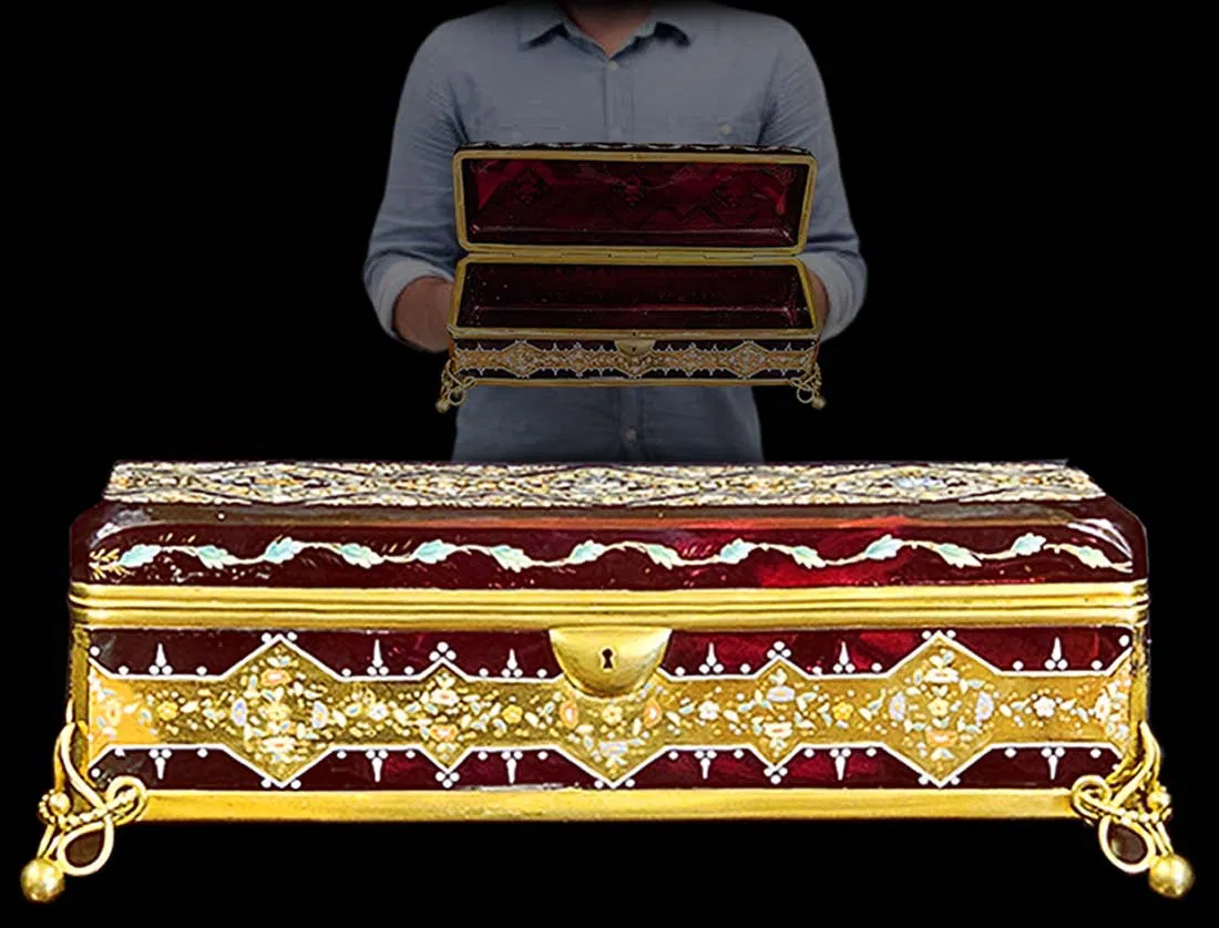 19th C. Antique Bohemian Cranberry Enameled Casket Box