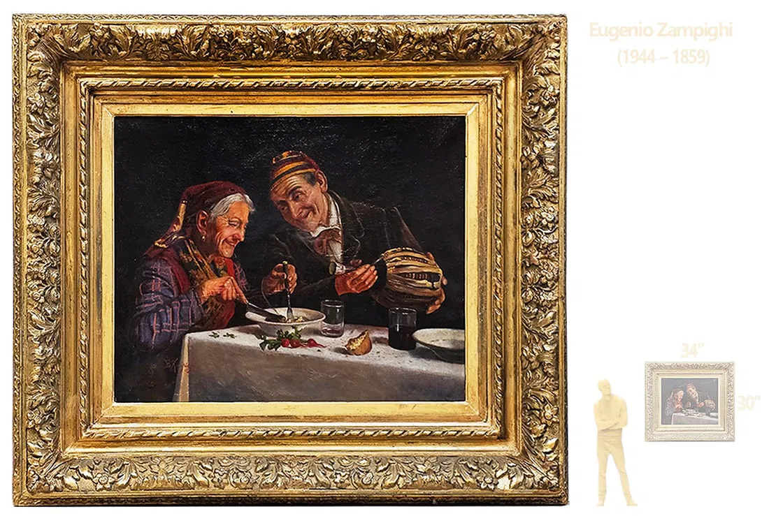 19th C. Elderly Couple Oil On Canvas Painting Signed By E.Zampighi