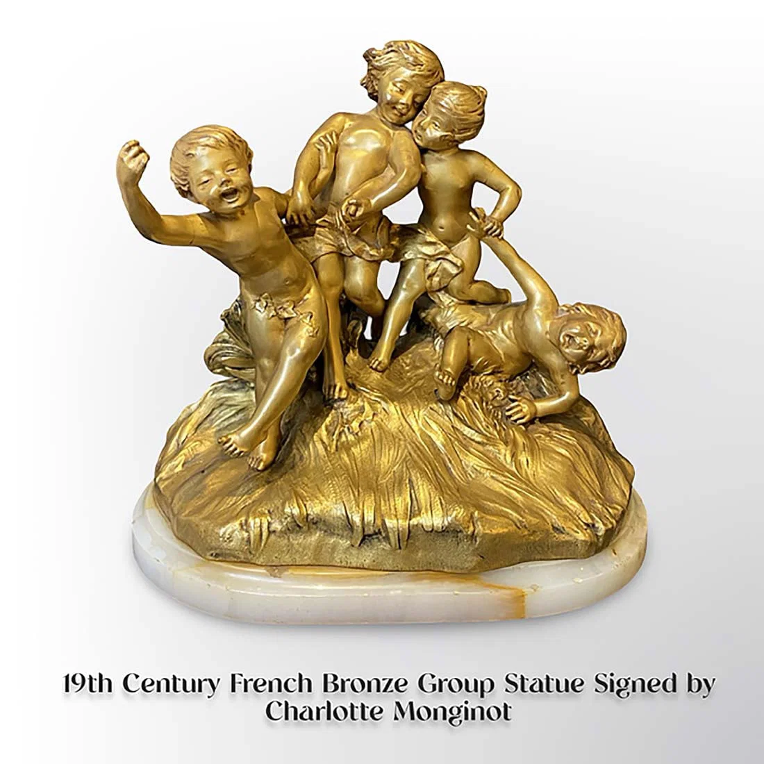 19th C. French Bronze Figurine Group Statue, Charlotte Monginot Signed