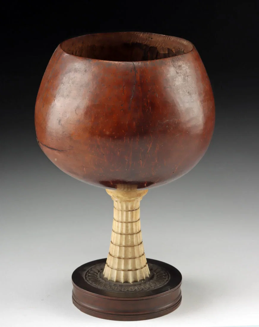 19th C. Goblet Cup Coconut & Carved Elephant Ivory Stem
