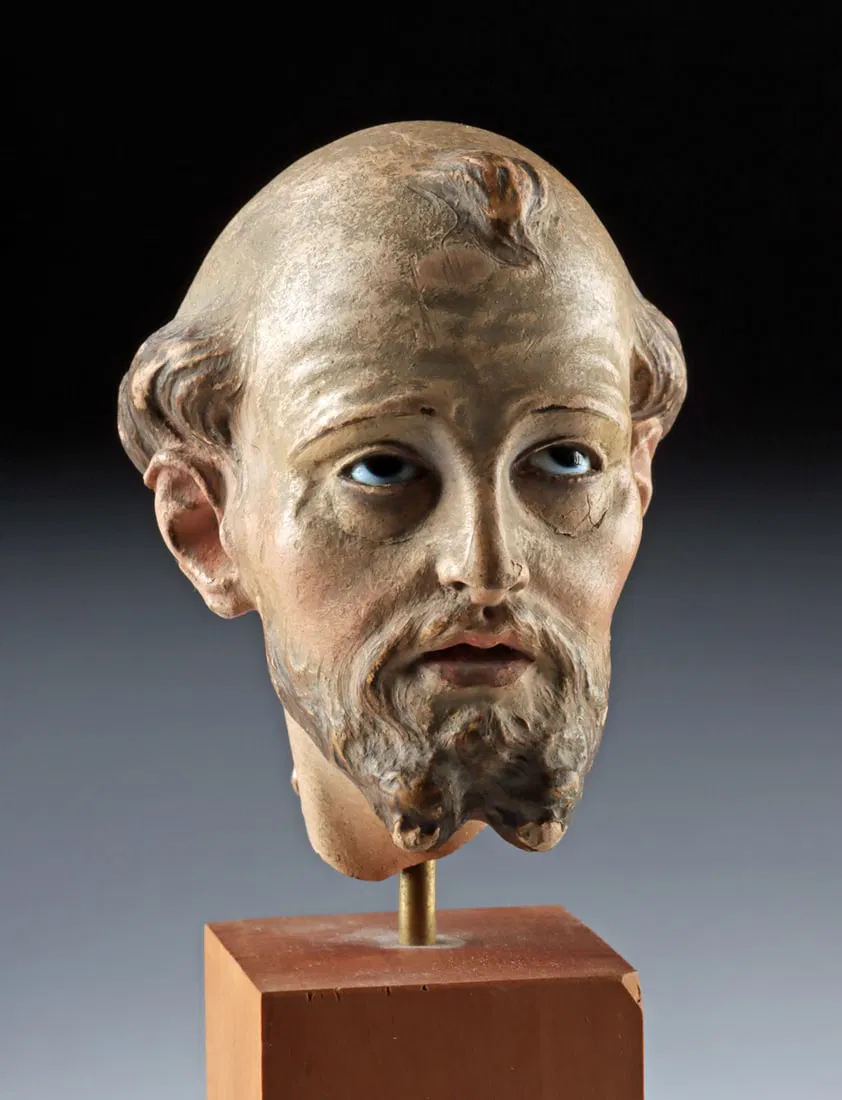 19th C. Italian Head of St. Francis w/ Glass Eyes