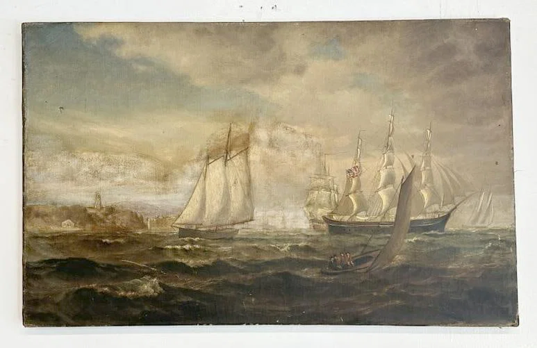 19th c o/c seascape with large sailboats, (4) people in smaller sailboat in foreground, one ship has