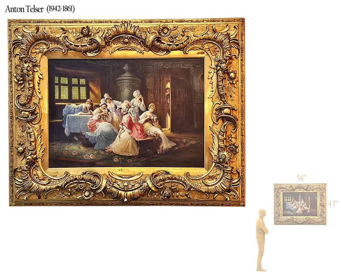 19th C. Oil On Canvas Painting 'A Gathering Of Women' Signed By A. Telser