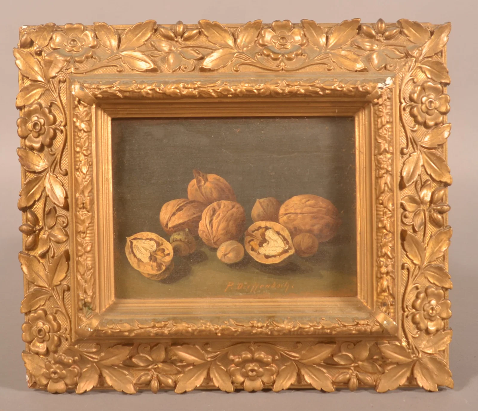 19th C. P. Dieffenbach Oil on Board "Walnuts"